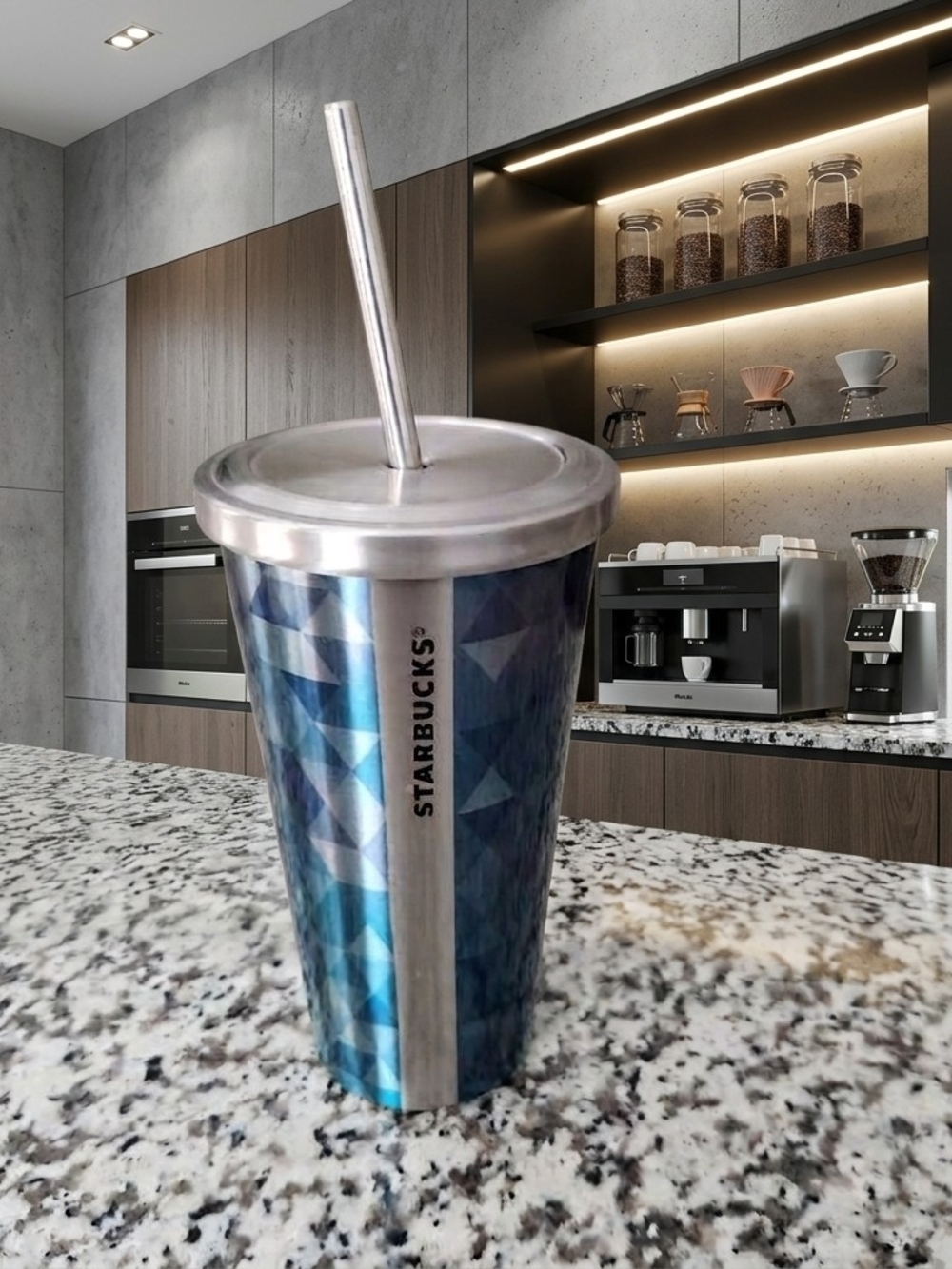 Starbucks Blue Geometric Stainless Steel Drink Cup with Straw